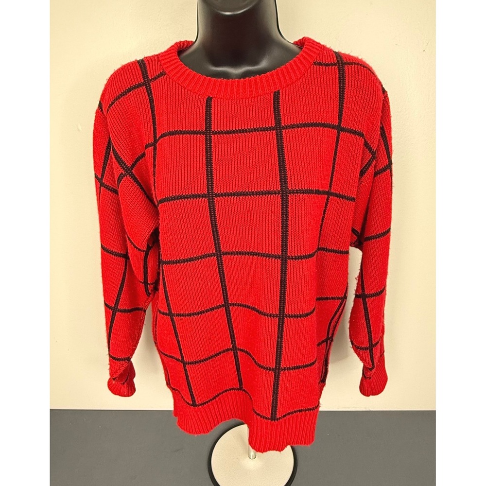 Michelle Stuart Women's Grid Pattern Retro Pullover Sweater Red Medium USA Made